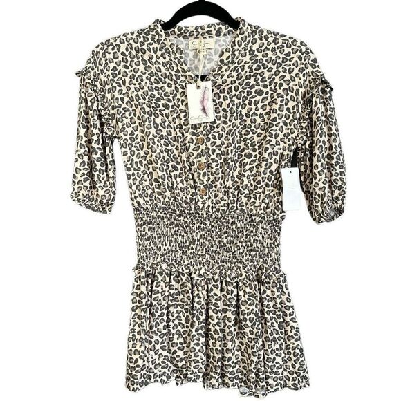 NWT Jessica Simpson Smocked Leopard Print Button Front Dress Black Tan - Picture 1 of 7